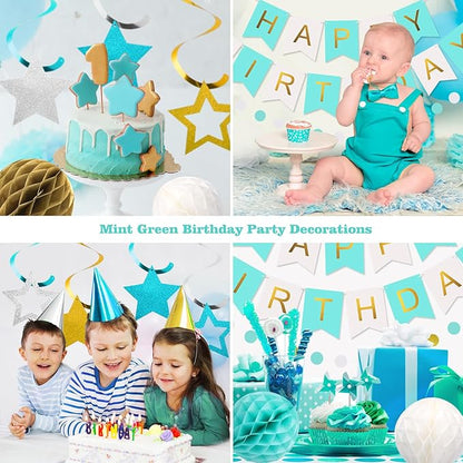 meowtastic Birthday Decorations, Happy Birthday Banner with Honeycomb Balls, Stars Hanging Swirls Streamers, Circle Dots Garland, Happy Birthday Party Decorations for Women Men Boys Girls (Mint)