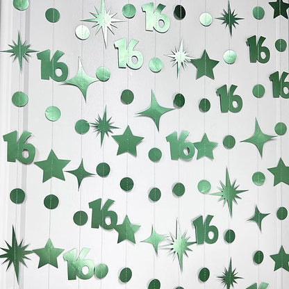 Sage Green Number 16 Circle Dot Twinkle Star Garland Hanging Streamer Bunting Banner Backdrop Decorations for Girls Happy 16th Birthday Sweet Sixteen 16th Anniversary Cheers to 16 Years Party Decor