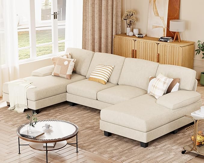 JUMMICO Sectional Couches for Living Room, U Shaped Couch with Chenille Fabric, 4 Seat Modern Sofa with Removable Pillows for Apartment and Small Space (Corduroy, Beige)