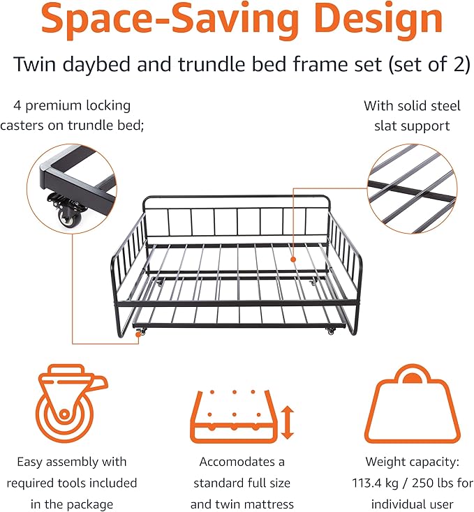 Amazon Basics Full Size Daybed and Twin Size Trundle Bed Frame Set, Space Saving Steel Slat Support, Sturdy Metal Design, Easy Assembly, Black