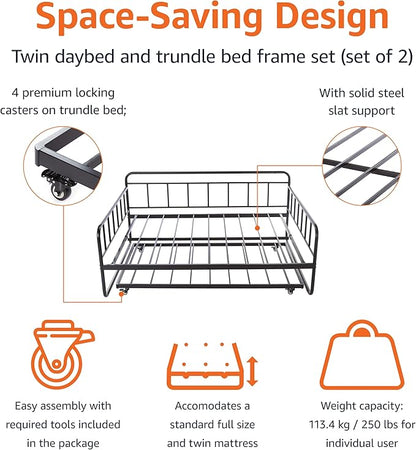 Amazon Basics Full Size Daybed and Twin Size Trundle Bed Frame Set, Space Saving Steel Slat Support, Sturdy Metal Design, Easy Assembly, Black