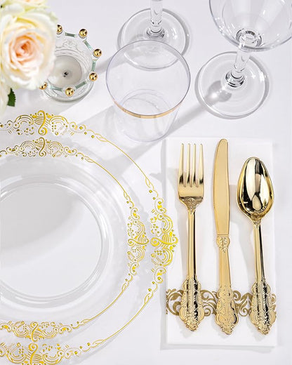 Nervure 175PCS Clear Gold Plastic Plates - Gold Disposable Dinnerware Set for 25 Guests Include 50 Disposable Plates, 75 Plastic Silverware, 25 Cups, 25 Napkins for Wedding & Party & Thanksgiving