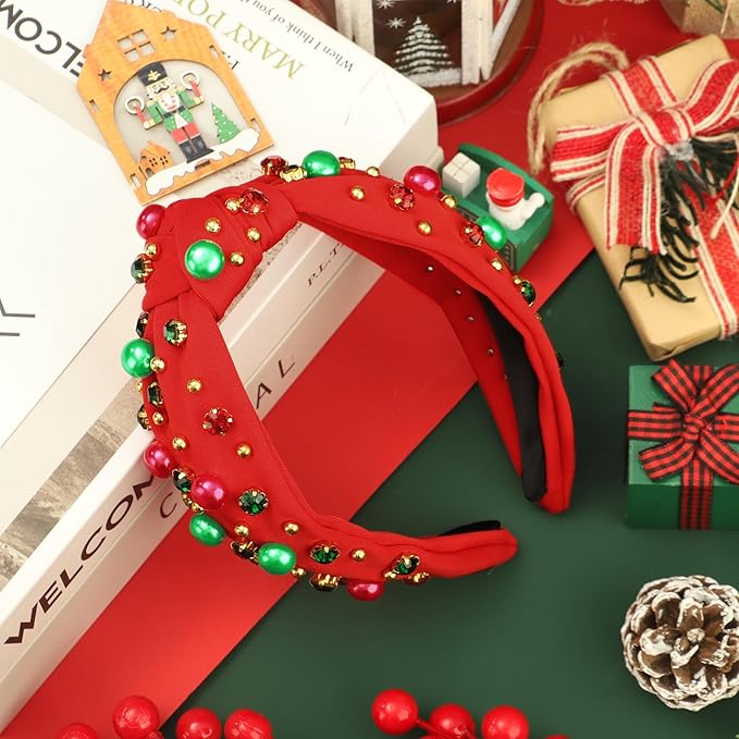 Christmas Headband for Women Xmas Bow Knotted Headbands Red Jeweled Crystal Top Knot Hairband Rhinestone Pearl Wide Head Band for Christmas Holiday Hair Accessories Costume Party Outfits Gifts