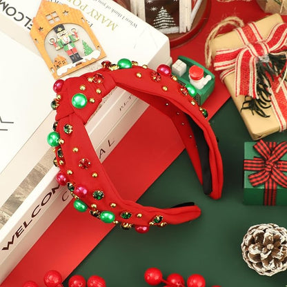 Christmas Headband for Women Xmas Bow Knotted Headbands Red Jeweled Crystal Top Knot Hairband Rhinestone Pearl Wide Head Band for Christmas Holiday Hair Accessories Costume Party Outfits Gifts
