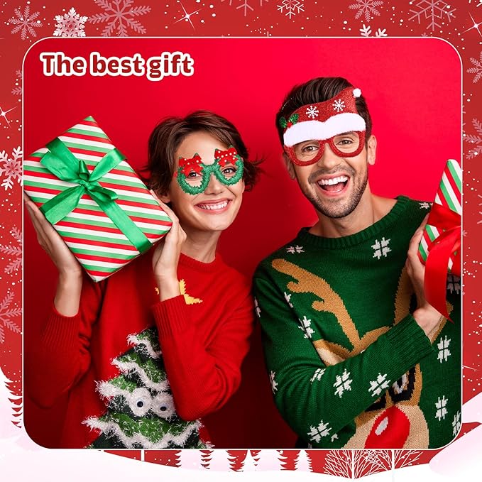 16 Pieces Christmas Glitter Eyeglasses Holiday Party Glasses Supplies Antlers Reindeer Snowman Shape for Xmas Decorations Assorted Styles