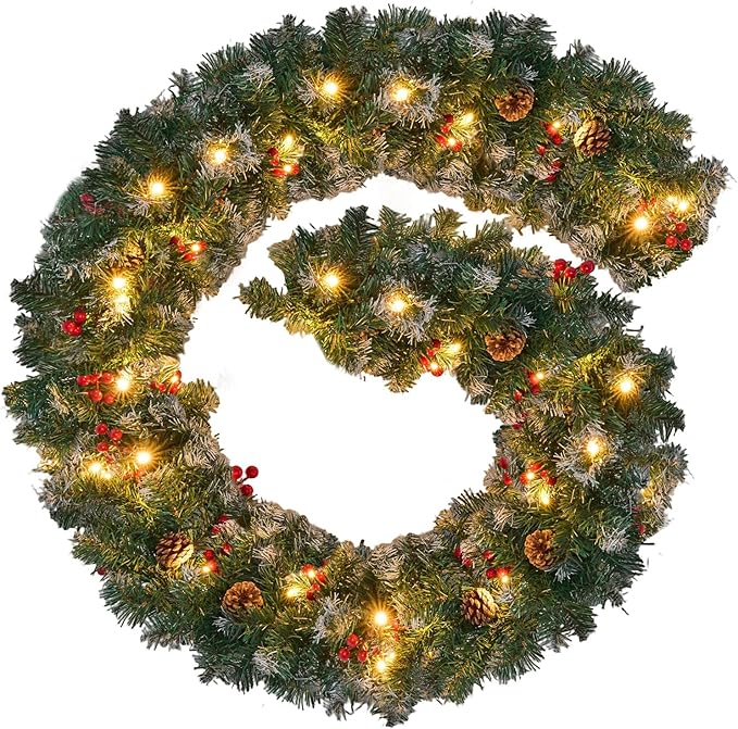 Christmas Garland with Lights, 9FT Snow Flocked Christmas Garland for Mantle, Prelit Outdoor Garlands with Red Berries and Pine Cores for Outdoor Indoor Mantle Table Stairs Fireplace Home Decor