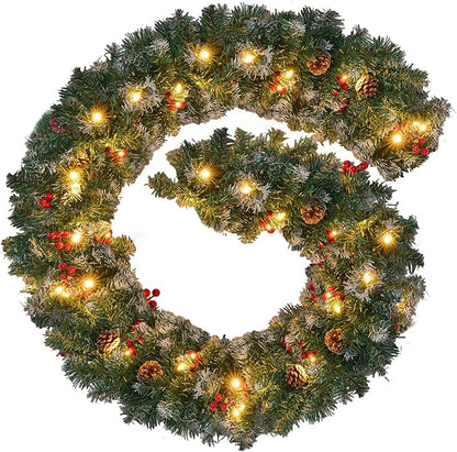 Christmas Garland with Lights, 9FT Snow Flocked Christmas Garland for Mantle, Prelit Outdoor Garlands with Red Berries and Pine Cores for Outdoor Indoor Mantle Table Stairs Fireplace Home Decor