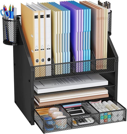 SWTYMIKI Desk Organizer with Drawers - Mesh and Wood Desk File Organizer with Pen Holders, 4-Tier Paper Organizer for Office Organizer and Accessorie, School and Home Storage, Black