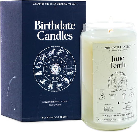 Birthdate Candles, June 10 - Gemini Zodiac Scented Candles Birthday Gift - Orchid, Sandalwood & Lemon Scent - All-Natural Soy & Coconut Wax, 60-80 Hour Burn Time - Made in USA