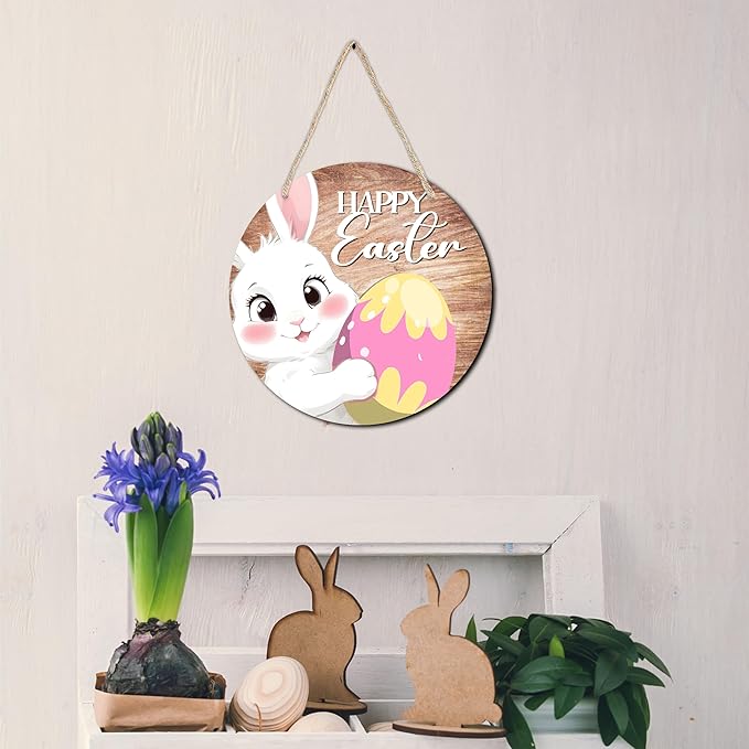 10" Easter Round Wooden Hanging Sign With Sisal Rope - Happy Easter - Bunny & Egg Wooden Plaque For Front Door, Porch, Outdoor Indoor, Farmhouse Wall Decor Party Favor & Decorations - B03