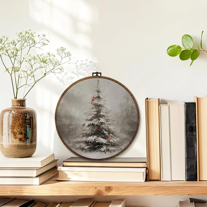 MOTERMATE Vintage Christmas Tree Cardinal Wall Art Decor Round Framed, Christmas Canvas Wall Art Artwork Prints, Rustic Farmhouse Winter Xmas Hanging Decor Decorations for Home Living Room, 10x10 Inch