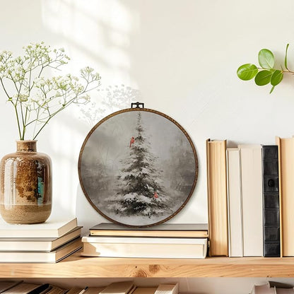 MOTERMATE Vintage Christmas Tree Cardinal Wall Art Decor Round Framed, Christmas Canvas Wall Art Artwork Prints, Rustic Farmhouse Winter Xmas Hanging Decor Decorations for Home Living Room, 10x10 Inch