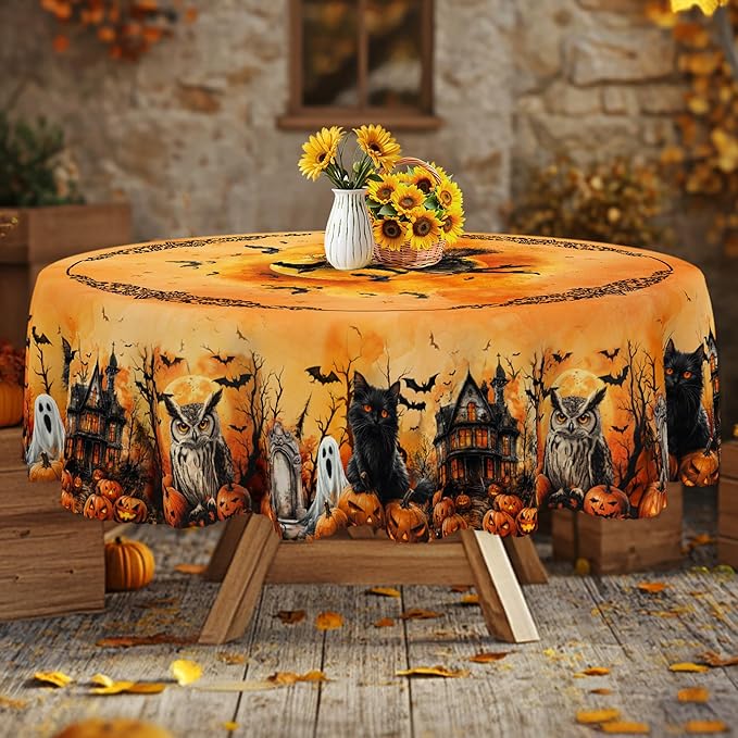 Eikione Round Tablecloth 60inch, Halloween Tablecloth Ghost Waterproof and Wrinkle-Free, Table Covers, Summer Decorations for Home Dining