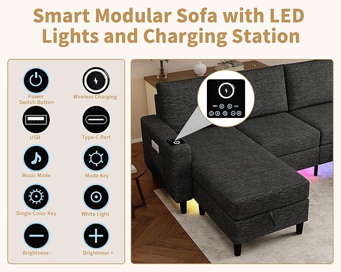 Smart Sectional Couches for Living Room, 6 Seat U/L Shaped Sectional Sofa with RGB Light/Charging, Modern Living Room Furniture for Apartments/Office/More (Black)