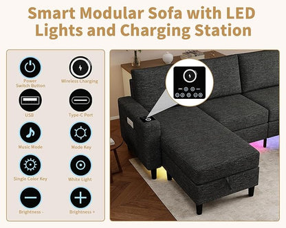 Smart Sectional Couches for Living Room, 6 Seat U/L Shaped Sectional Sofa with RGB Light/Charging, Modern Living Room Furniture for Apartments/Office/More (Black)