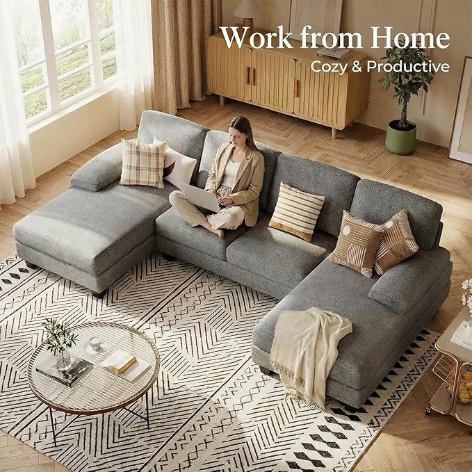 Homall Modular Sectional U Shaped Sofa Couches for Living Room, Comfy Loop Yarn 4 Seat Sofa Set with Removable Pillows, Lounge Chaise Upholstered Couch for Apartment (Loop Yarn, Pearl Gray)