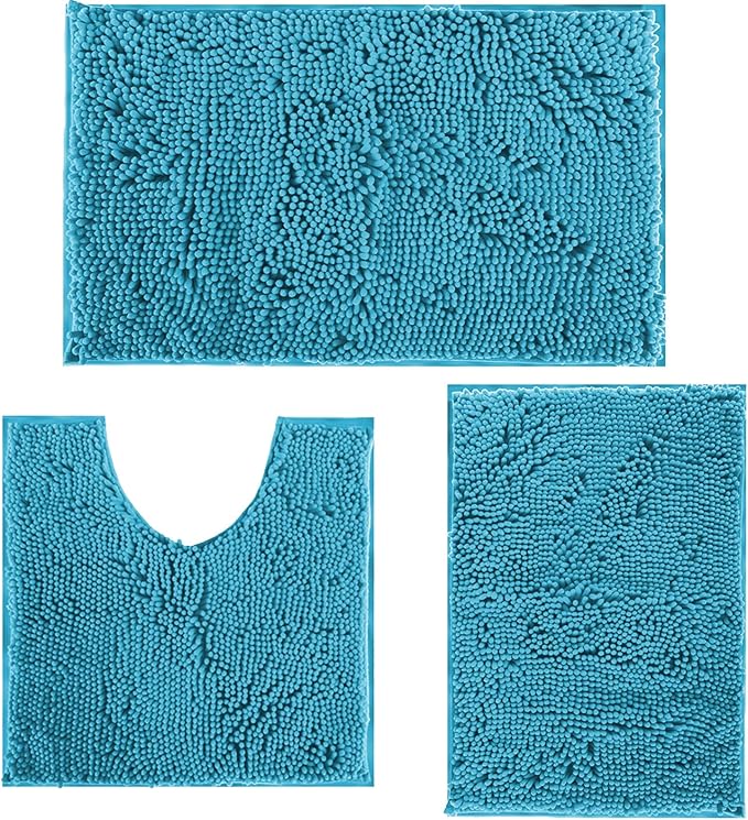 RUN HELIX Teal Blue Bathroom Rugs Bath Mats for Chenillen Rug Set 3 Piece Non-Slip Mats, Absorbent Shaggy Rugs, Machine Wash, Perfect Plush Carpets Set, 16〞x24〞&20〞x32〞&20〞x20〞U Shape