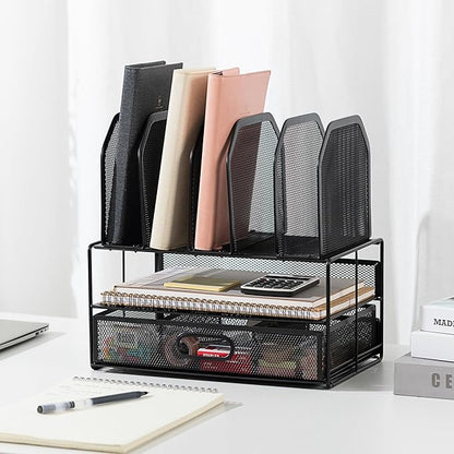 Amazon Basics Mesh Desk Organizer with Sliding Drawer, Double Tray and 5 Upright Sections, File Holder for Office Supplies, Paper Letter Tray, Black