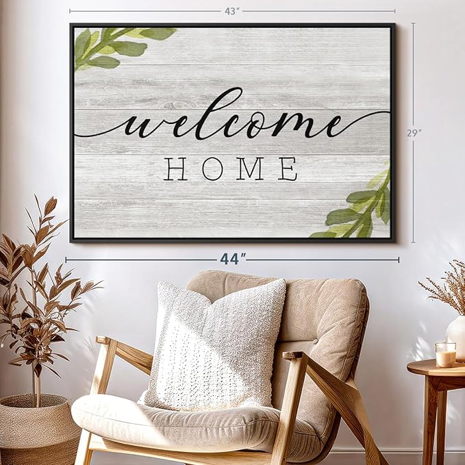 Elephant Stock Rustic Welcome Home Wall Art - Horizontal Floating Framed Canvas - 1-Piece Living Room Wall Decor - Digital Art Inspirational And Typography Canvas Print - Gray and Black Decor for Wall by Natalie Carpentieri - 43" X 29"