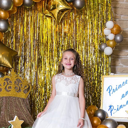 5 Pack Gold Fringe Curtain Backdrop Tinsel Streamers Birthday Party Decorations Christmas Photo Booth Backdrop Halloween New Year Graduation Baby Shower Theme Party Decorations