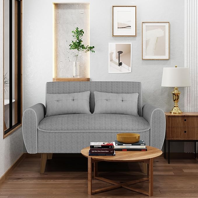 Shintenchi Small Modern Loveseat Couch Sofa, Mid Century Fabric Upholstered 2-Seat Sofa Couch Love Seats Furniture for Small Space,Living Room,Studio,Apartment with 2 Pillows,Light Grey