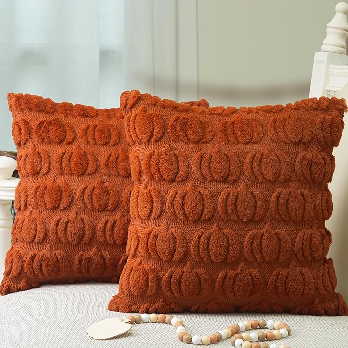 GEEORY Fall Pillow Covers 18 x 18 Inch Set of 2, Fall Decorations Pumpkins Soft Plush Fluffy Faux Fur Wool Decorative Autumn Thanksgiving Farmhouse Cushion Case for Sofa Rust GC001-18