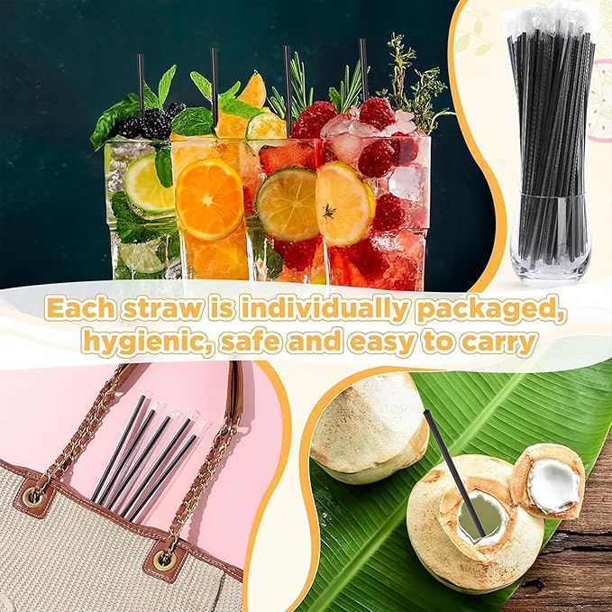 2000 PCS Individually Wrapped Disposable Plastic Drinking Straws, (9" Long, 0.24" Diameter), for Juice, Iced Coffee, Soda, and Party Beverages(Black)