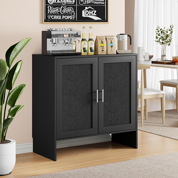 DHZ Buffet Cabinet with Storage & Adjustable Shelf - Farmhouse Sideboard with Black Rattan Decorated Doors, Coffee Bar Cabinet for Kitchen, Dining Room Organizer