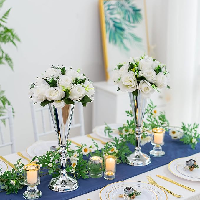 Sliver Vase Centerpiece Table Decorations - 10 Pcs Metal Tabletop Flower Stand, Wedding Decorations for Reception, 14in Trumpet Tall Flower Vase for Birthday, Weddings, Anniversary, Home Decor
