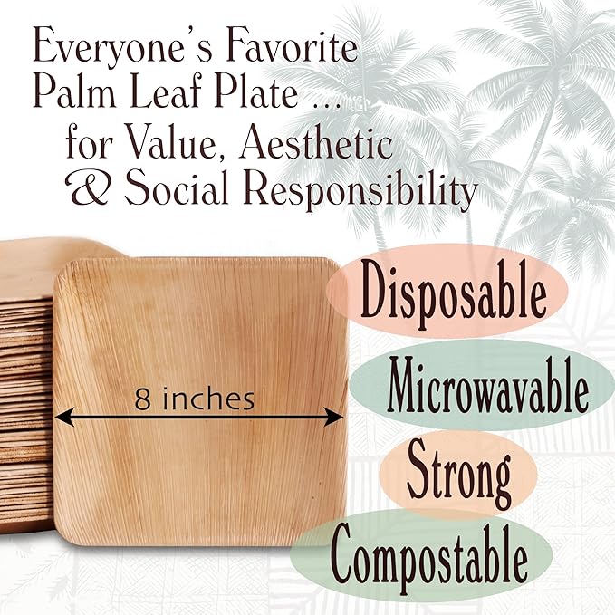 Disposable Palm Leaf Plates - 50 Pack - 8 Inch Square - Compostable & Biodegradable - Heavy Duty, Eco-Friendly, Microwave Safe - Like Bamboo Plates - Perfect for Events & Parties