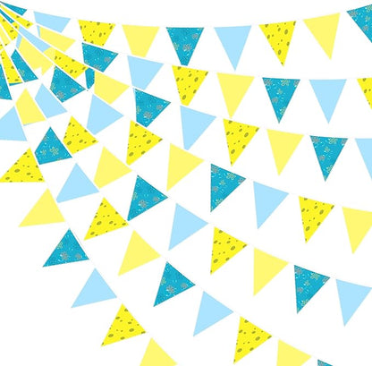 32Ft Cartoon Sponge Party Decorations Yellow Blue Flowers and Bubble Printed Triangle Flag Pennant Banner Fabric Garland Streamer for Kids Sponge Birthday Crtoon Baby Shower Party Decor