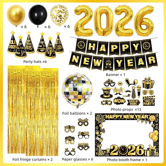 2026 New Year Decorations Party Supplies Kit with Banner, Photo Props, Glasses, Hats, 2026 Foil Balloon, Fringe Curtains and Latex Balloons for New Years Eve Celebration