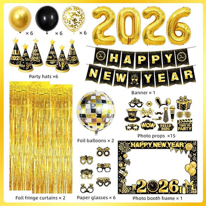 2026 New Year Decorations Party Supplies Kit with Banner, Photo Props, Glasses, Hats, 2026 Foil Balloon, Fringe Curtains and Latex Balloons for New Years Eve Celebration