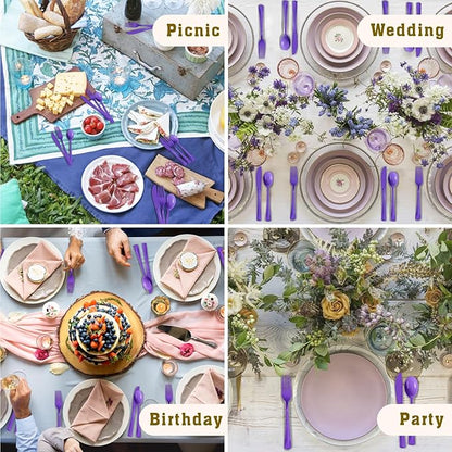 150 Pcs Purple Plastic Silverware Heavy Duty Purple Plastic Cutlery Sets Includes 50 Forks, 50 Spoons, 50 Knives Disposable for Birthday, Graduation Party, Dinner