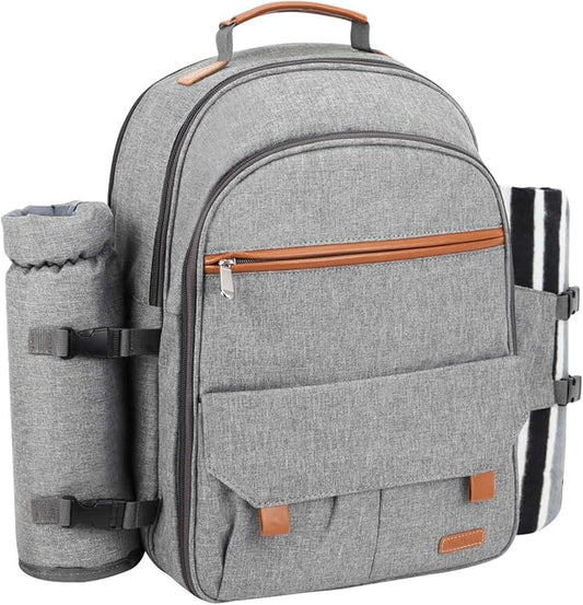 Sunflora Picnic Backpack for 4 Person with Blanket Picnic Basket Set for 2 with Insulated Cooler Wine Pouch for Family Couples (Gray)