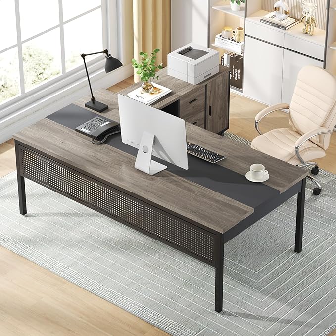 Tribesigns 71 inch Executive Desk, L-Shaped Desk with Mobile File Cabinet, Executive Office Table with 2 Drawers and Storage Shelves, Business Furniture Workstation for Home Office, Grey and Black