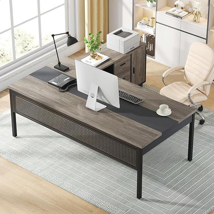 Tribesigns 71 inch Executive Desk, L-Shaped Desk with Mobile File Cabinet, Executive Office Table with 2 Drawers and Storage Shelves, Business Furniture Workstation for Home Office, Grey and Black