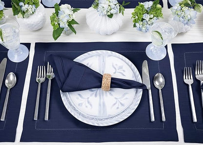 Solino Home Linen Placemats Set of 4 - Classic Hemstitch Navy Blue Placemats 14 x 19 Inch - 100% Pure Linen Table Mats for Fall, Autumn, Christmas, Holiday, Winter, New Year