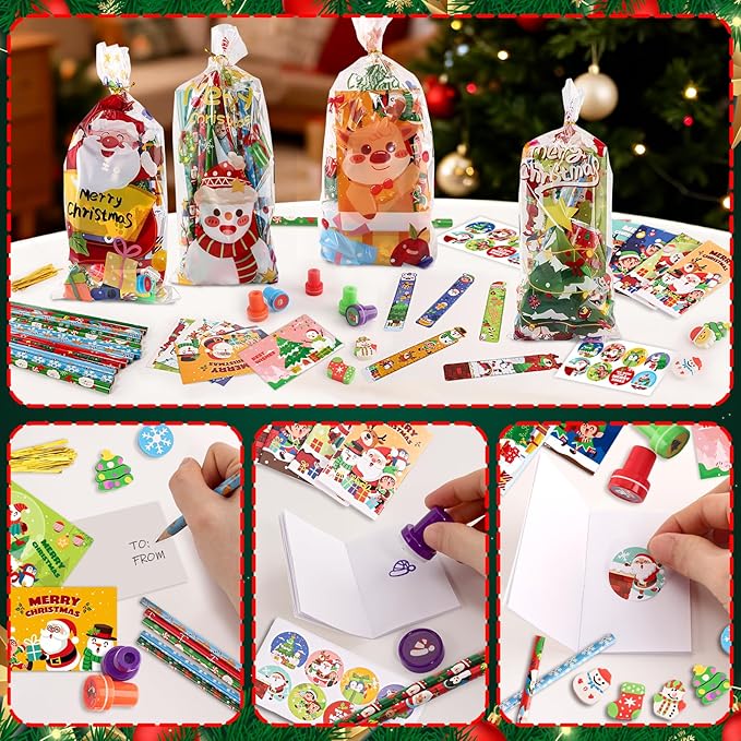 Shemira Classroom Gifts for Students, 192PCS Christmas' School Stationery Set, Christmas Party Favors, Assorted Goodie Bag Stocking Stuffers, Xmas Gifts Toys Reward Prizes for Kids