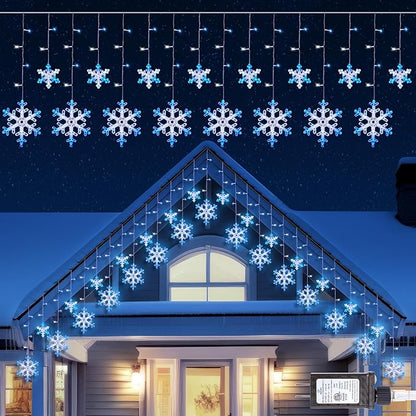 Minetom Christmas Snowflake Lights - 13ft 192LED Snowflake Icicle Lights with 16 Drops, 12 Modes and Timer, IP65 Waterproof Connectable Christmas Light for House Eave Window Indoor Outdoor Decoration
