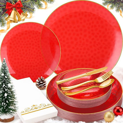 150 Pcs Red Plastic Plates - Fancy Plastic Dinnerware Set for 25 Guests - 50 Red Disposable Plates, 75 Gold Silverware, 25 Napkins for Party Birthday Christmas