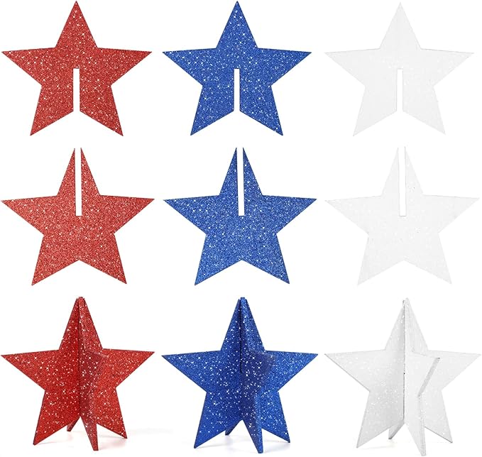 COCHIE 6 Inch Labor Day Decorations Wooden Stars Set, 3D Glitter Star Memorial Day Tiered Tray Decor, 4th of July Red White Blue Patriotic Decoration for Home Table Desk Door Shelf (Solid, 3 Pcs)