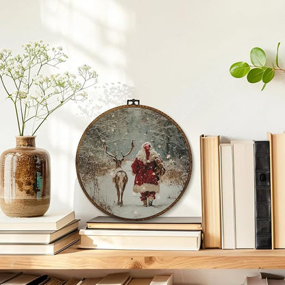 MOTERMATE Christmas Santa Reindeer Wall Art Decor Round Framed, Christmas Canvas Wall Art Artwork Prints, Rustic Snowy Xmas Santa Reindeer Hanging Decor Decorations for Home Living Room, 10x10 Inch