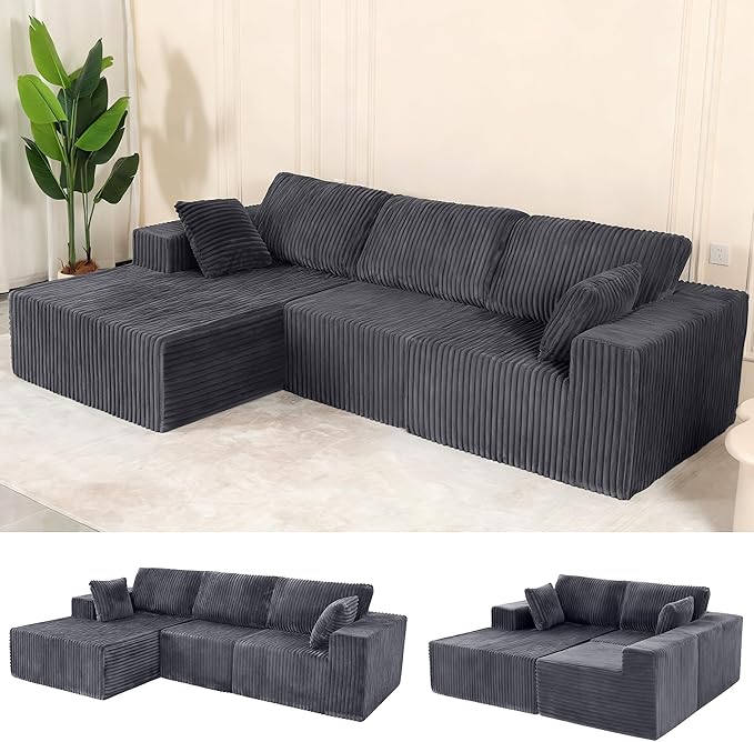 L Shaped Modular Boneless Sectional Couches for Living Room, Wide Armrest, Deep Seat, Memory Foam, Assembly Free, Modern Comfy Corduroy Fluffy Cloud Sofa with Left Chaise, Grey
