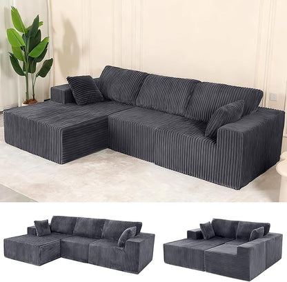 L Shaped Modular Boneless Sectional Couches for Living Room, Wide Armrest, Deep Seat, Memory Foam, Assembly Free, Modern Comfy Corduroy Fluffy Cloud Sofa with Left Chaise, Grey