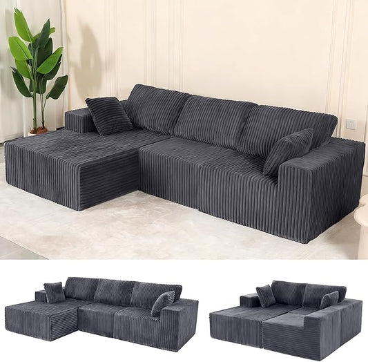 L Shaped Modular Boneless Sectional Couches for Living Room, Wide Armrest, Deep Seat, Memory Foam, Assembly Free, Modern Comfy Corduroy Fluffy Cloud Sofa with Left Chaise, Grey