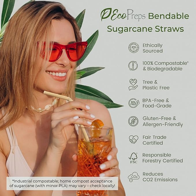 Flexible Biodegradable Sugarcane Straws, 120 Count | 100% Compostable, Plastic-Free, Eco-Friendly Drinking Straws for Cold Drinks | 7.8'' Bendable, Disposable Sugarcane Fiber Straw (120 PCS)