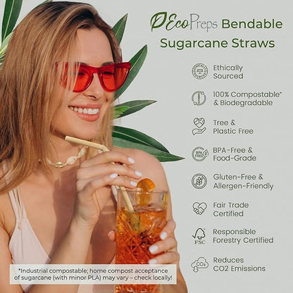 Flexible Biodegradable Sugarcane Straws, 300 Count | 100% Compostable, Plastic-Free, Eco-Friendly Drinking Straws for Cold Drinks | 7.8'' Bendable, Disposable Sugarcane Fiber Straw (300 PCS)