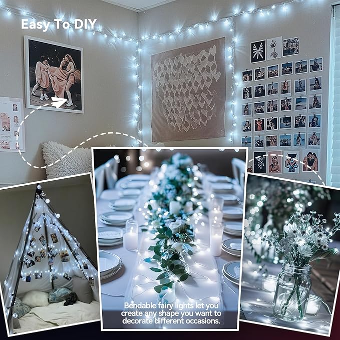 4 Pack 240LED Christmas Fairy Lights Battery Operated - 20FT Twinkle Lights with 2 Lighting Modes Indoor Outdoor, Waterproof Led Fairy String Lights for Bedroom, Classroom, Dorm, DIY Decor, Cool White