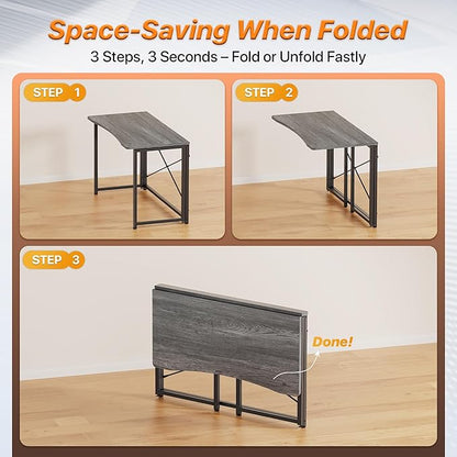 Huuger Folding Desk for Small Spaces, 39.3 Inch Foldable Computer Table, for Home Office, Study, Bedroom, Dorm, Space Saving, Small Writing Work Office Computer Desk, Easy to Fold, Grey